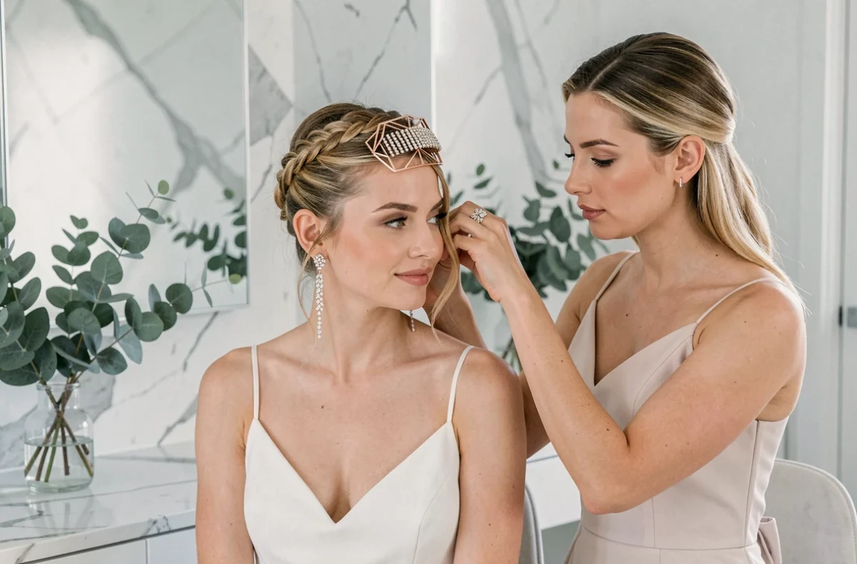 Mariée se faisant coiffer avec un peigne cristal en or rose et boucles d'oreilles chandelier dans un salon moderne