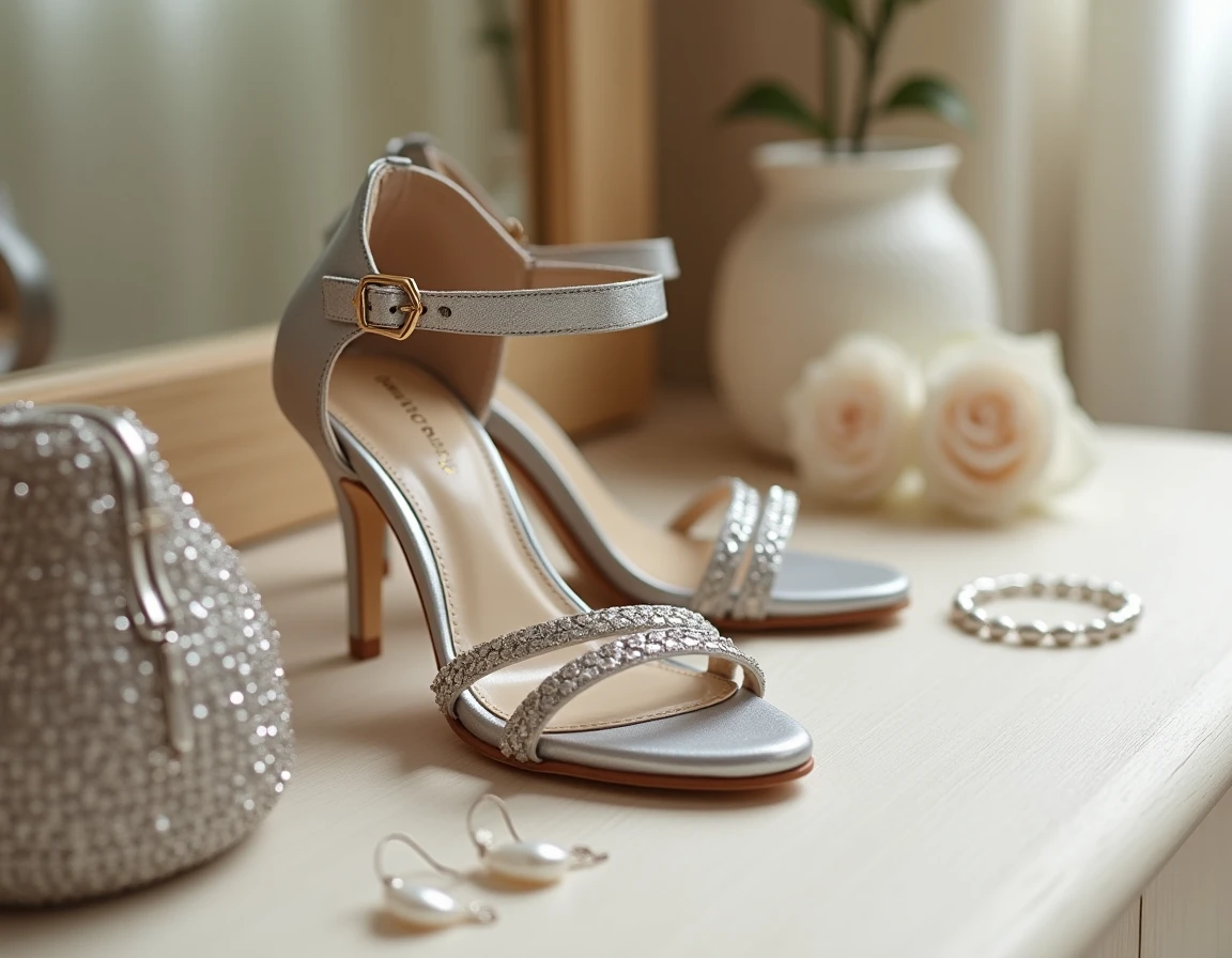 Sandales argentées mariage posées avec sac à main perlé, bracelet et boucles d'oreilles en perles sur une table en bois