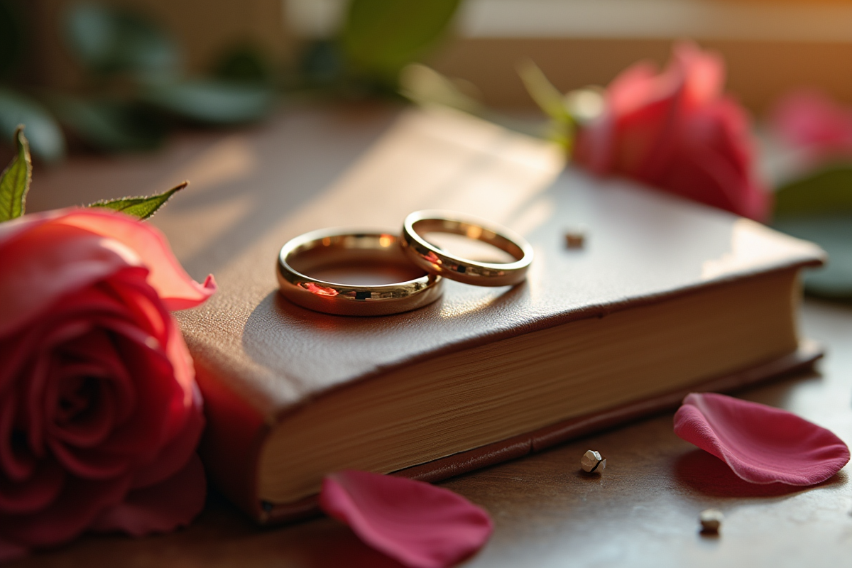 Alliances de mariage sur un carnet en cuir avec des pétales de rose