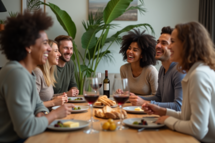 Groupe d'amis riant autour d'un repas convivial
