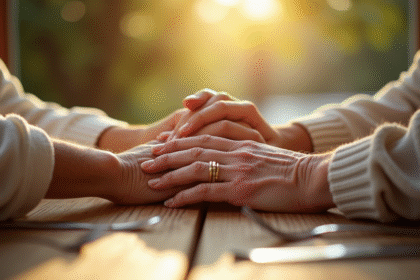 Mains d'anciens avec alliances dorées pour anniversaire