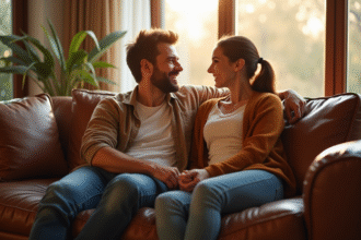 Jeune couple célébrant leur anniversaire de mariage à la maison