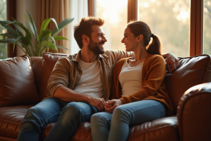 Jeune couple célébrant leur anniversaire de mariage à la maison