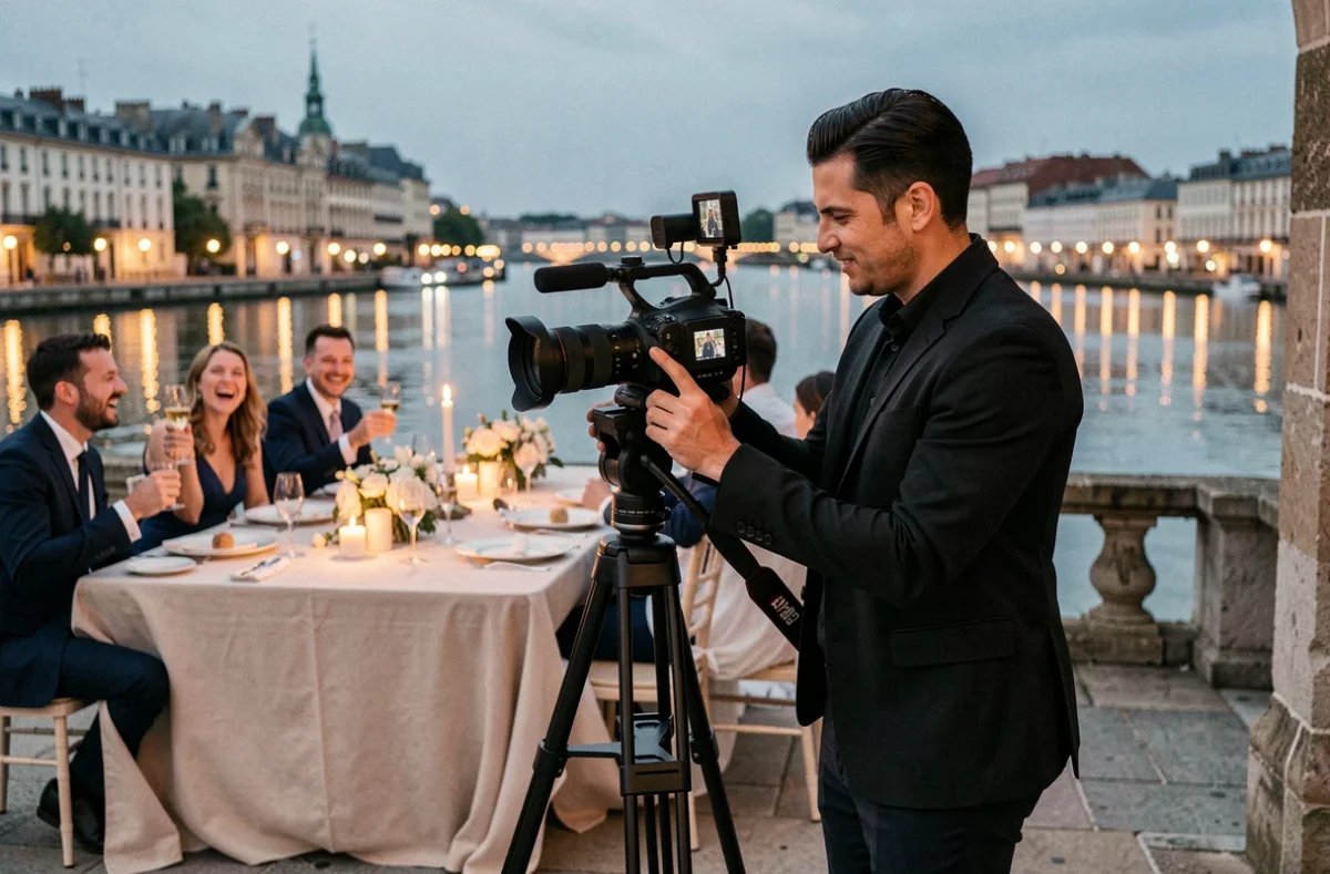 Antonio FilmMaker filmant un dîner de mariage sur les quais de Bordeaux au bord de la Garonne