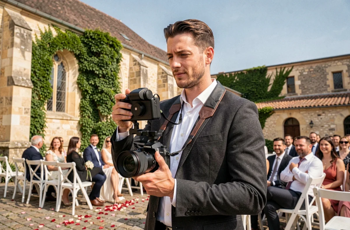 Vidéaste et photographe polyvalent filmant un mariage à Bordeaux avec matériel hybride