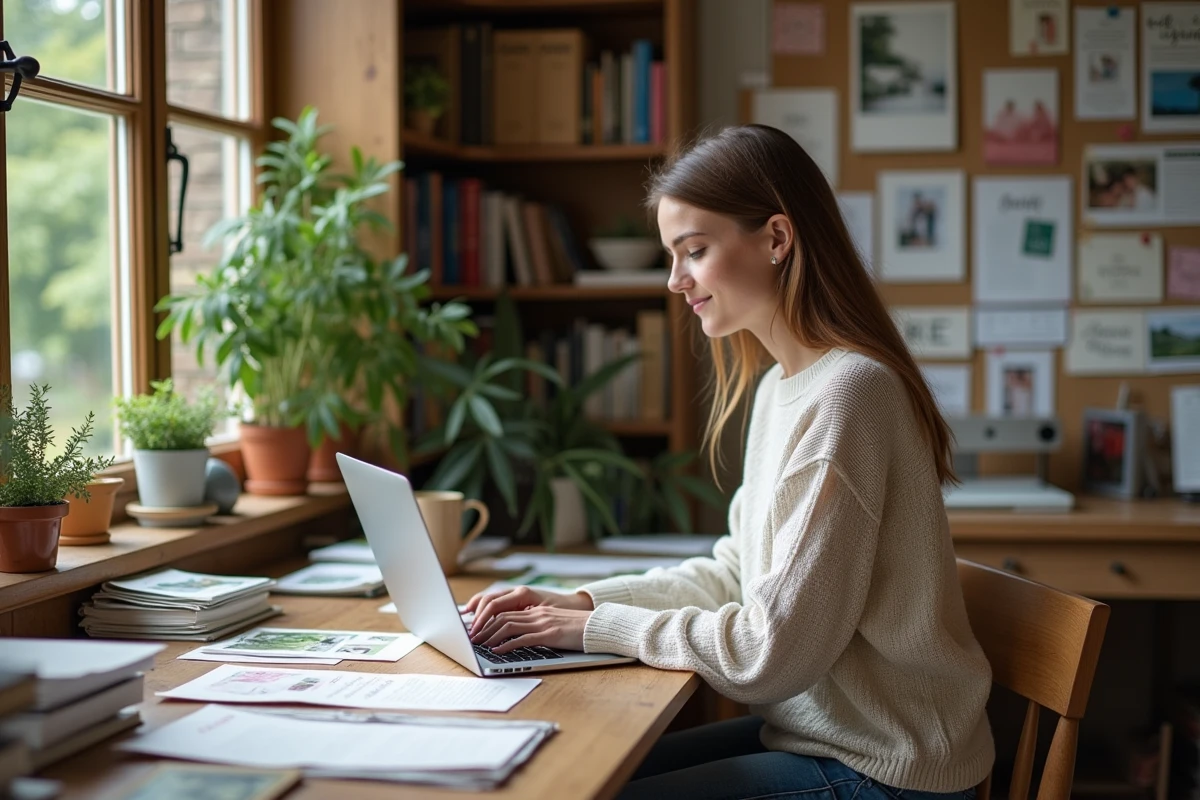 Femme créant des mood boards de mariage sur un bureau