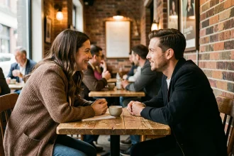 Homme et femme en début de relation discutant avec complicité dans un café urbain chaleureux