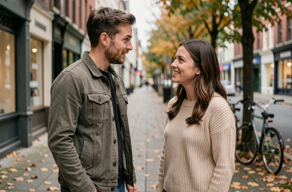 Couple au début d'une relation amoureuse se parlant sur un trottoir en automne en ville