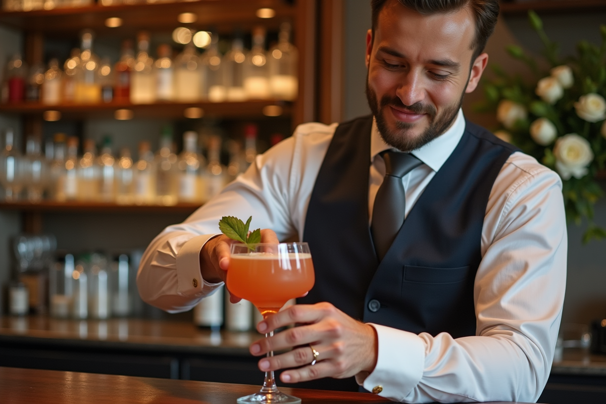 Barman préparant un cocktail signature lors d