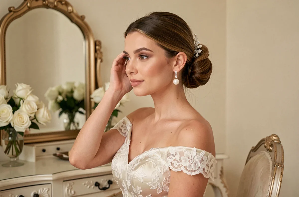 Mariée avec chignon bas orné d'une épingle en perles et diamants portant des boucles d'oreilles pendantes élégantes