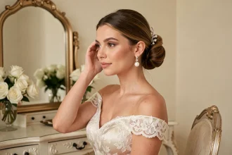 Mariée avec chignon bas orné d'une épingle en perles et diamants portant des boucles d'oreilles pendantes élégantes