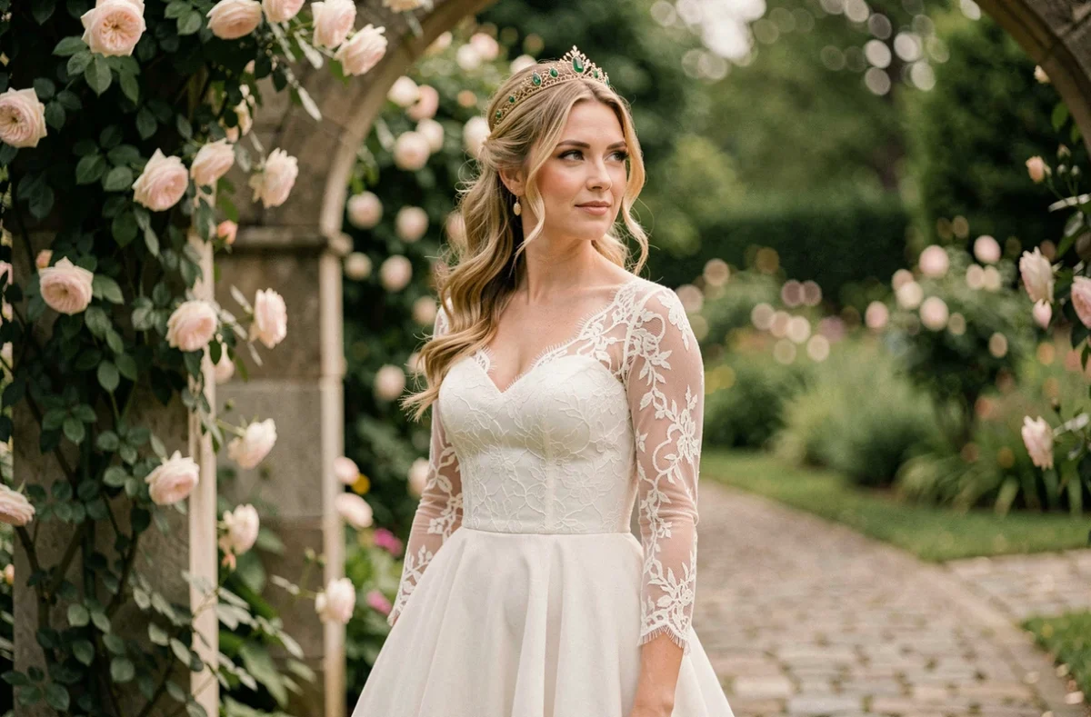 Mariée en robe dentelle avec demi-queue bouclée et tiare dorée ornée d'émeraudes dans un jardin fleuri