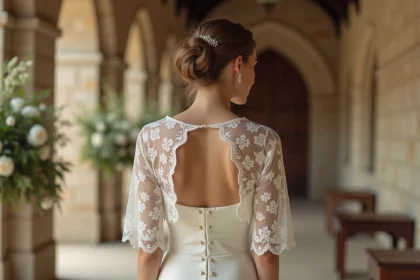 Mariée portant un boléro en dentelle ivoire sur une robe de mariée bustier blanche dans un couloir d'église