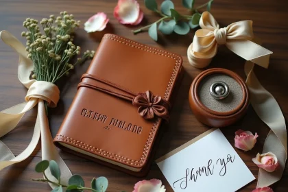 Cadeaux personnalisés pour témoins de mariage présentés en flat lay sur table en bois rustique avec journal en cuir, bouquet séché et carte manuscrite