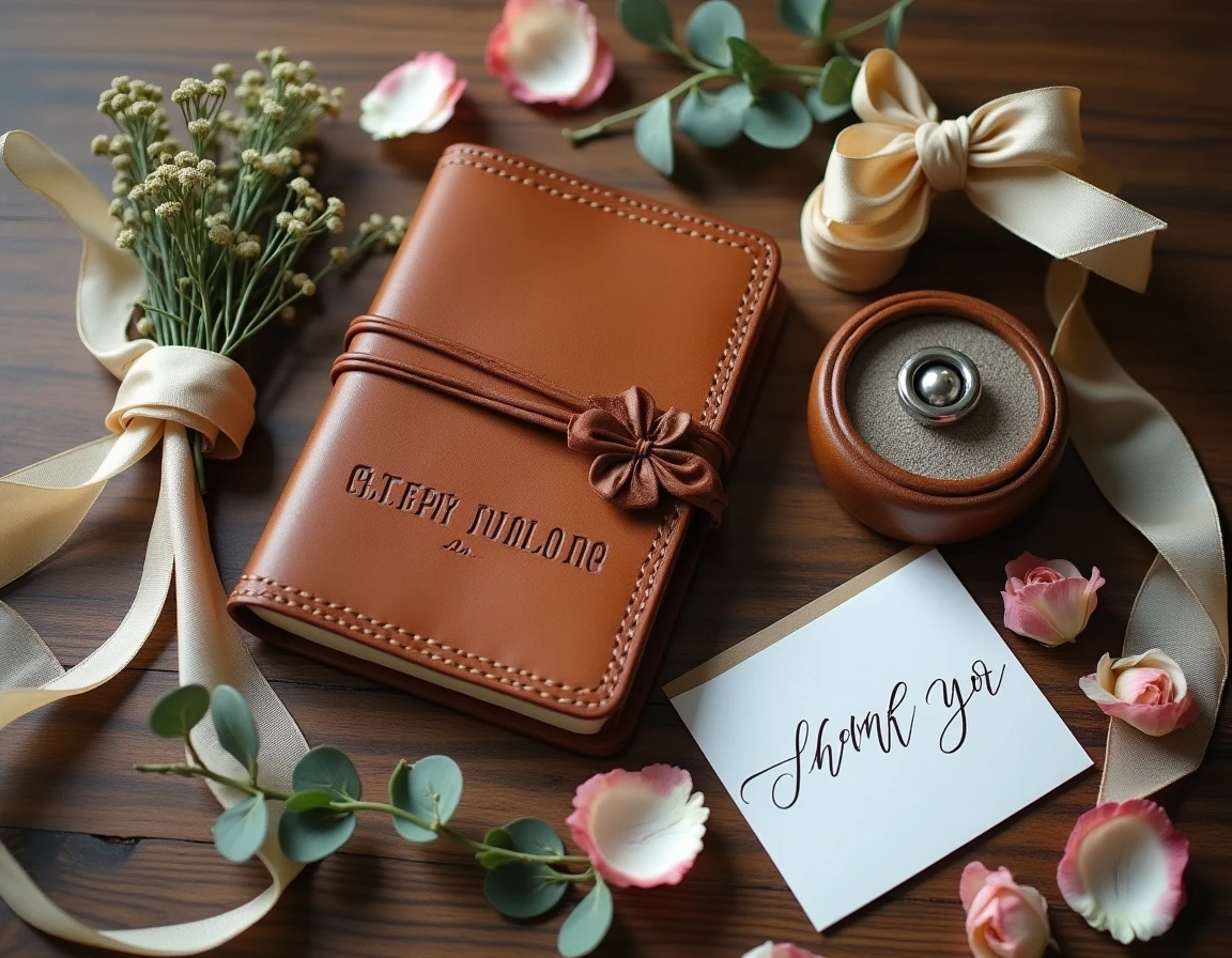 Cadeaux personnalisés pour témoins de mariage présentés en flat lay sur table en bois rustique avec journal en cuir, bouquet séché et carte manuscrite