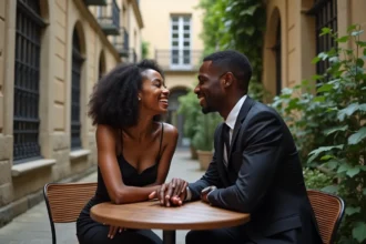 Jeune femme noire et homme élégant partageant un rire au café