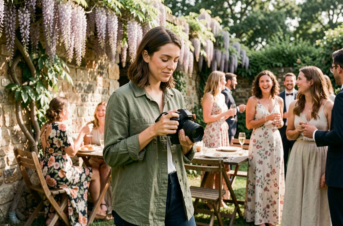 Vidéaste de mariage au style documentaire capturant des moments spontanés dans un jardin