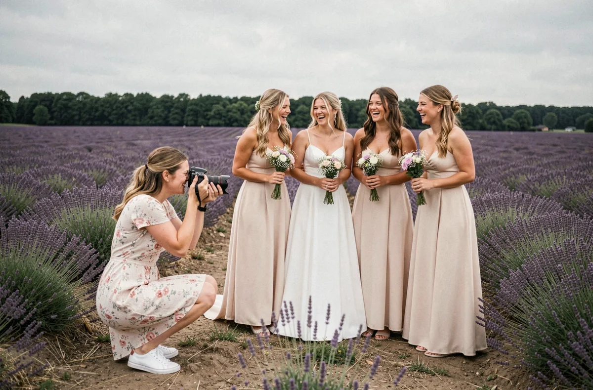 Camille Music Photographe capturant la mariée et ses demoiselles d'honneur dans un champ de lavande en Gironde