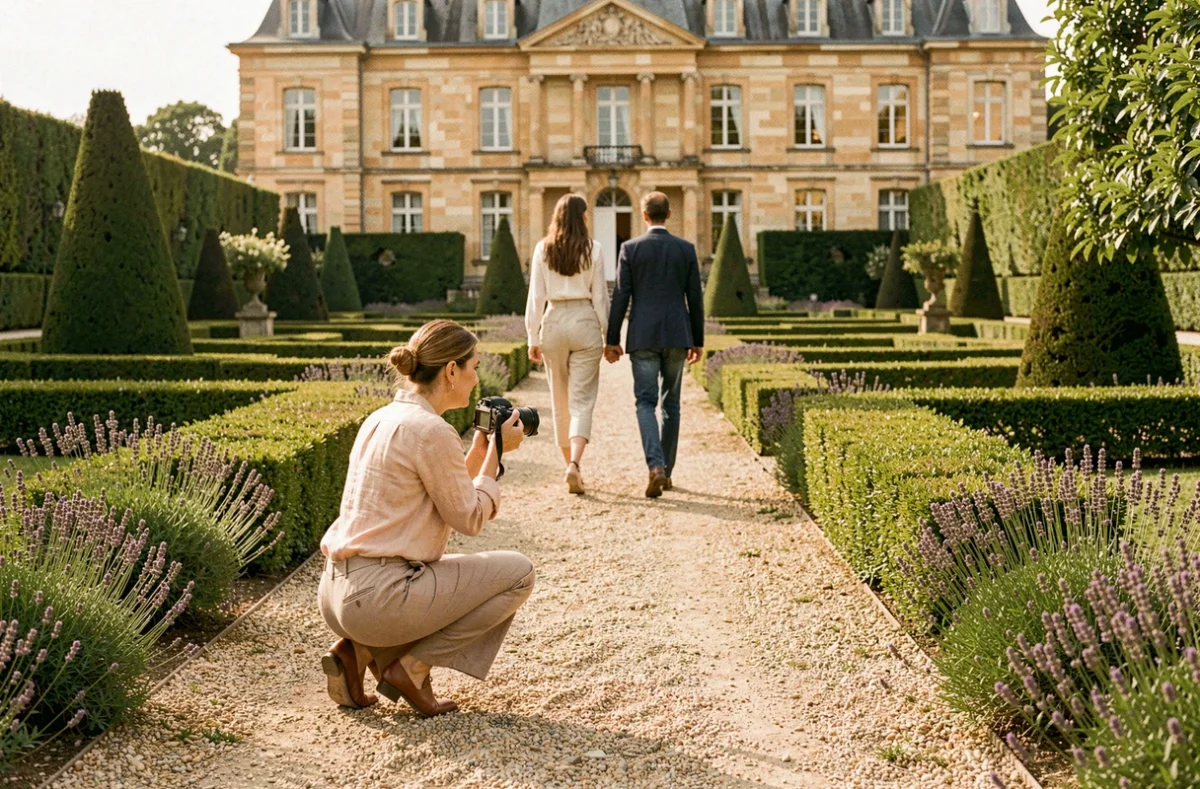 Caroline Pierre Photographe au travail dans un jardin à la française devant un château en Charente-Maritime lors d'un mariage
