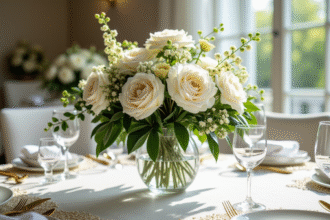 Centre de mariage avec roses et peonies blanches