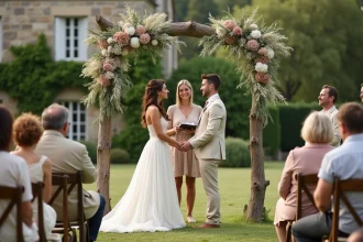 Cérémonie laïque en plein air dans un domaine viticole avec arche florale en bois et invités assis sur des chaises en bois vintage