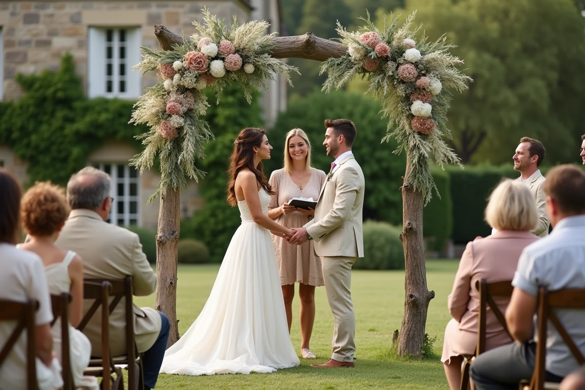 Cérémonie laïque en plein air dans un domaine viticole avec arche florale en bois et invités assis sur des chaises en bois vintage