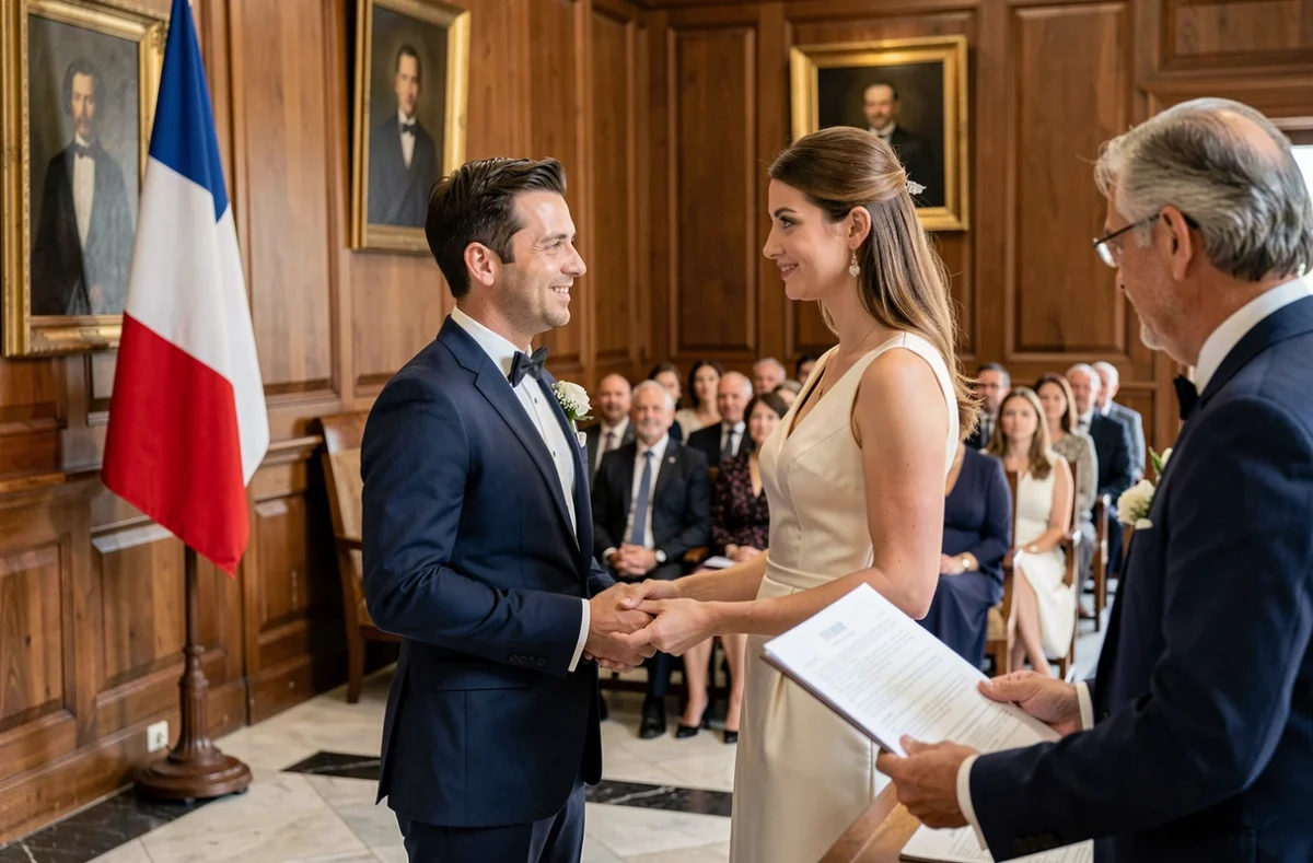 Cérémonie de mariage civil à la mairie avec les mariés devant l'officier d'état civil dans une salle ornée du drapeau français