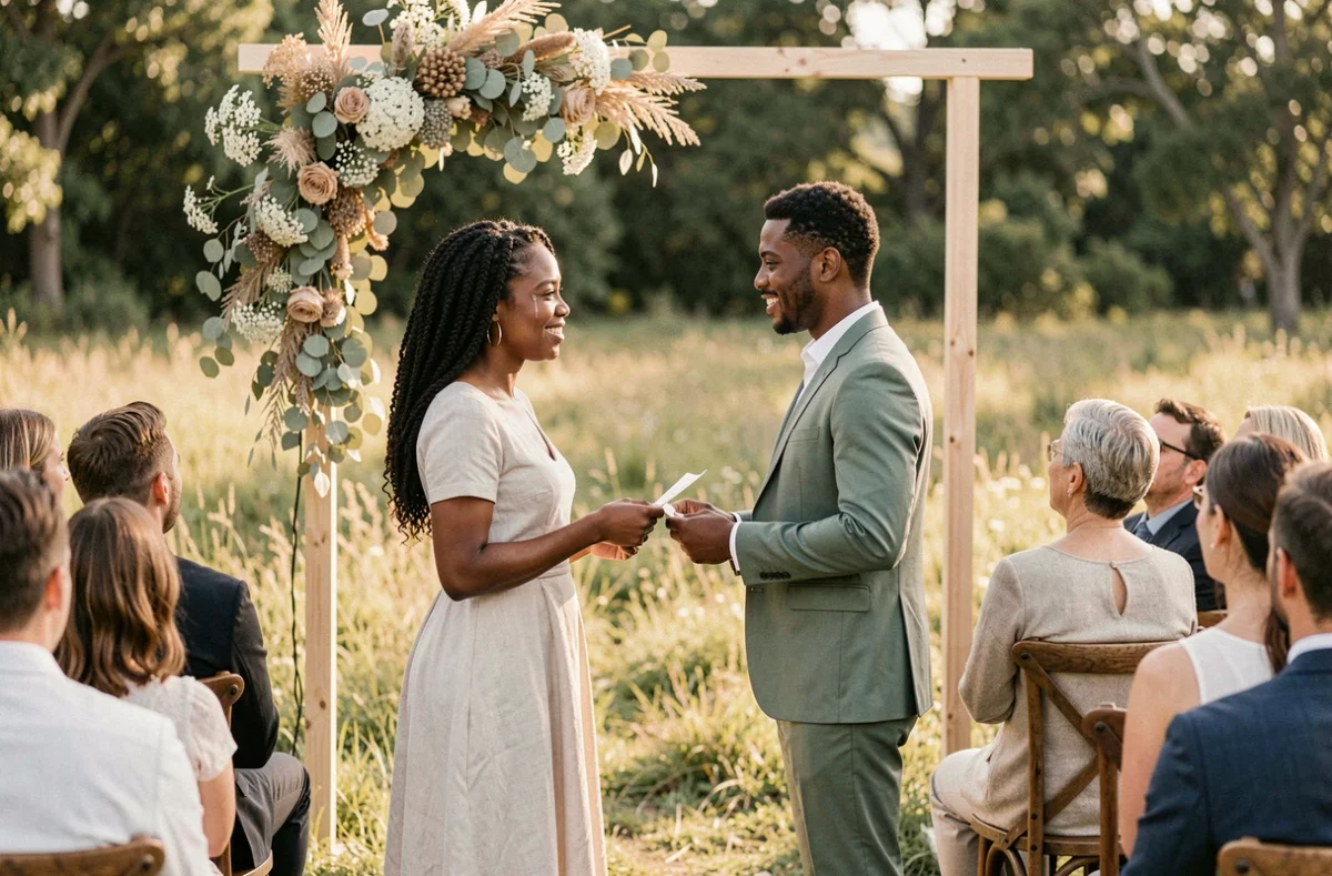 Couple échangeant des vœux personnalisés lors d'une cérémonie de mariage laïque en plein air sous un arche en bois