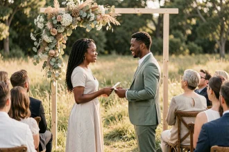 Couple échangeant des vœux personnalisés lors d'une cérémonie de mariage laïque en plein air sous un arche en bois