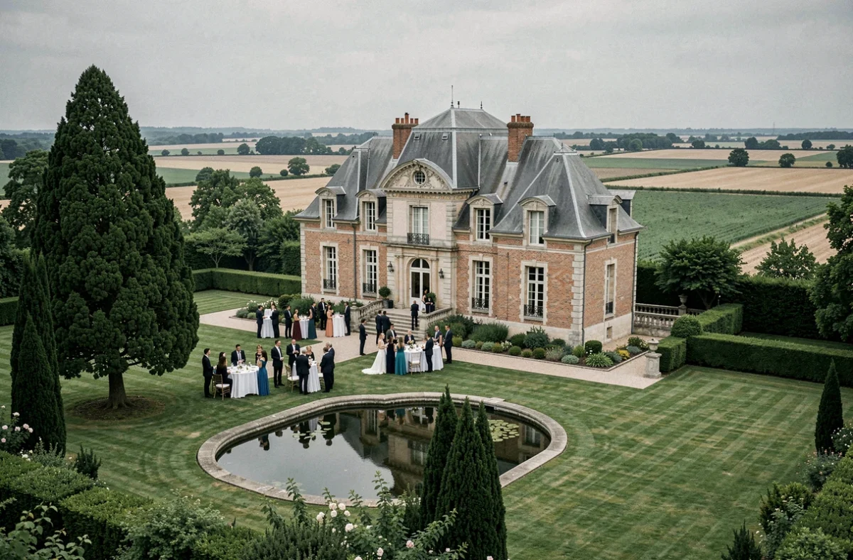 Château de Labastide Beauvoir en Haute-Garonne avec son parc à l'anglaise, son cèdre centenaire et une réception de mariage sur la pelouse