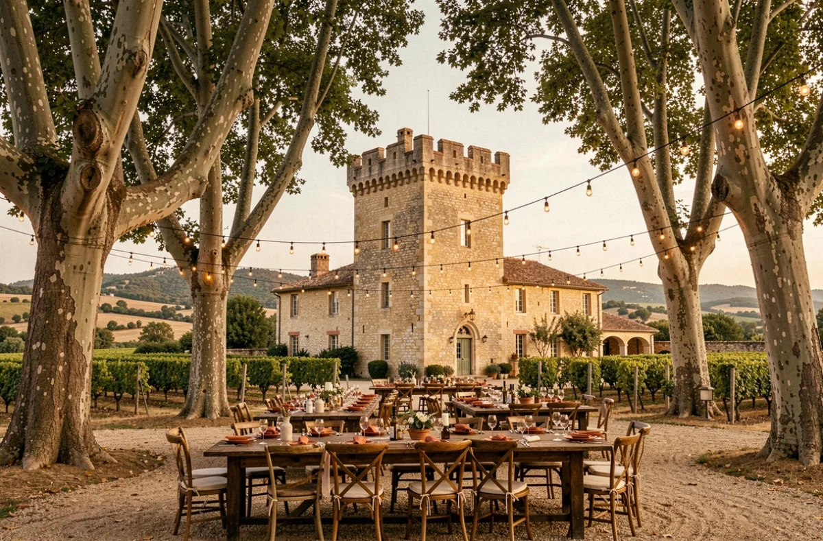 Château de Montrabech à Lézignan-Corbières avec sa tour en calcaire, ses platanes centenaires et un dîner de mariage en plein air dans les Corbières