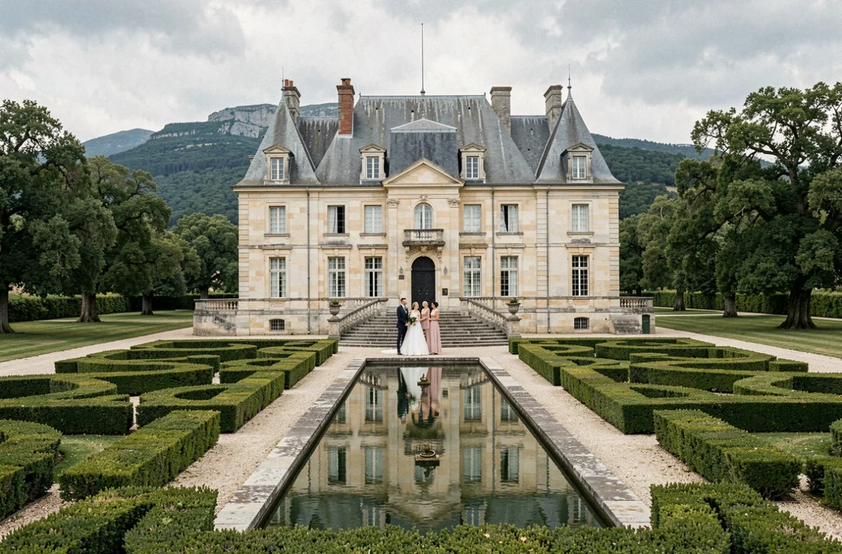 Château de Pennautier dans l'Aude avec son jardin à la française classique, son bassin réfléchissant et son imposante façade du XVIIe siècle