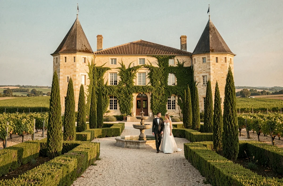 Château de Raissac à Béziers avec sa façade en pierre dorée, jardins à la française et allée de cyprès pour une réception de mariage