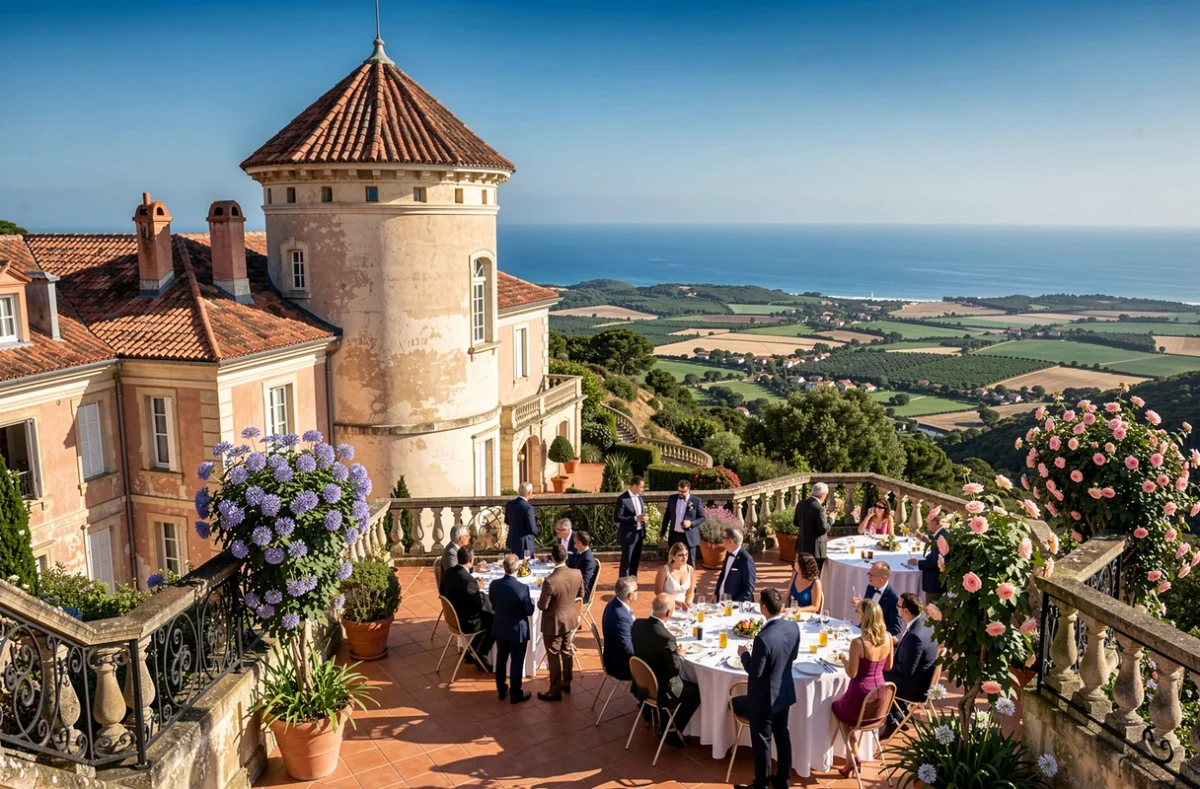 Château de Valmy à Argelès-sur-Mer avec sa tour ronde, sa terrasse panoramique et la mer Méditerranée visible en arrière-plan lors d'une réception