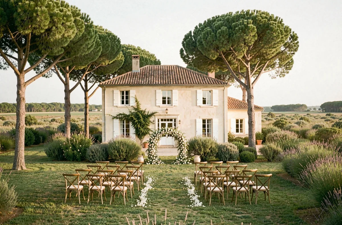 Château Les Music'Elles à Capestang avec cérémonie de mariage en plein air sur pelouse, chaises en bois et décoration florale champêtre