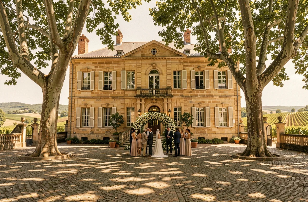 Château Nadal Hainaut près de Perpignan avec cour pavée ombragée par des platanes et décoration florale pour un mariage catalan