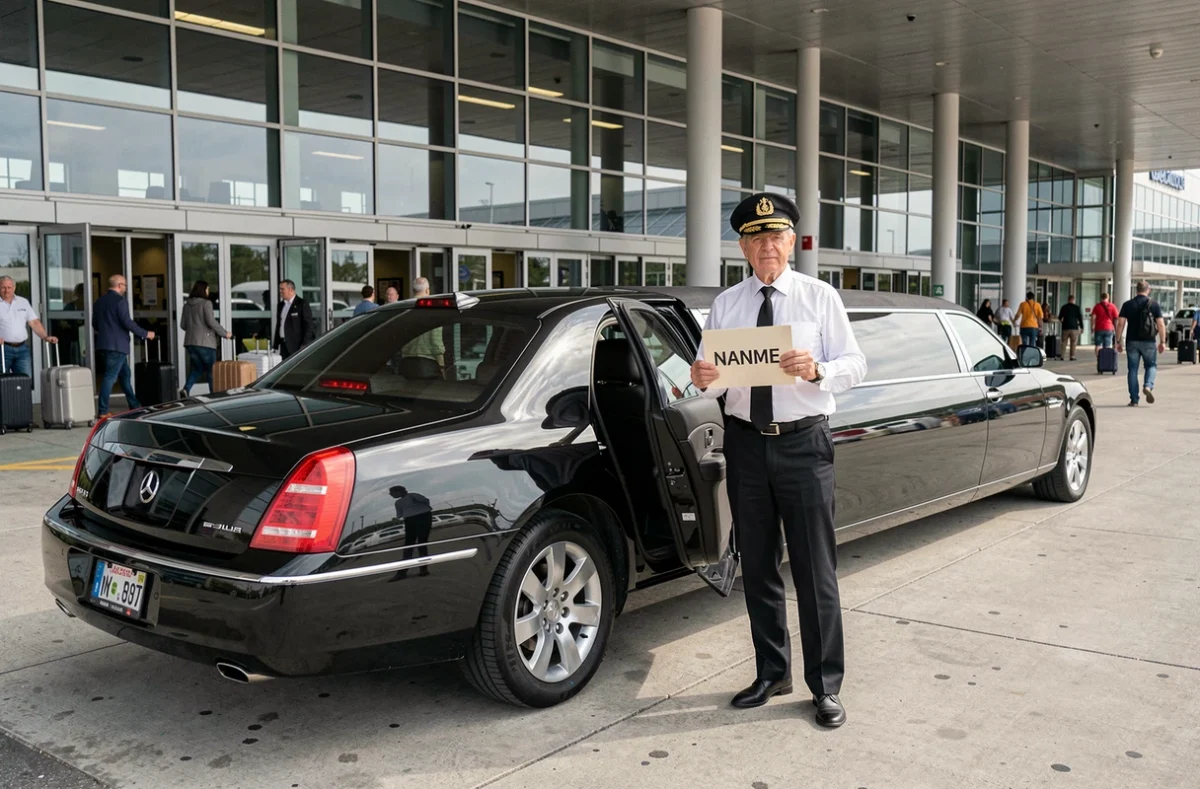 Chauffeur de limousine en uniforme tenant un panneau d'accueil devant un terminal d'aéroport international