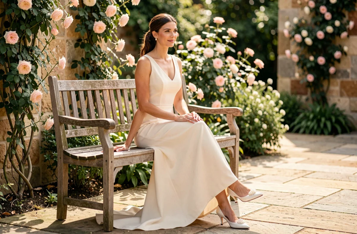 Grande mariée assise en robe fourreau ivoire avec escarpins kitten heel blancs adaptés à sa stature