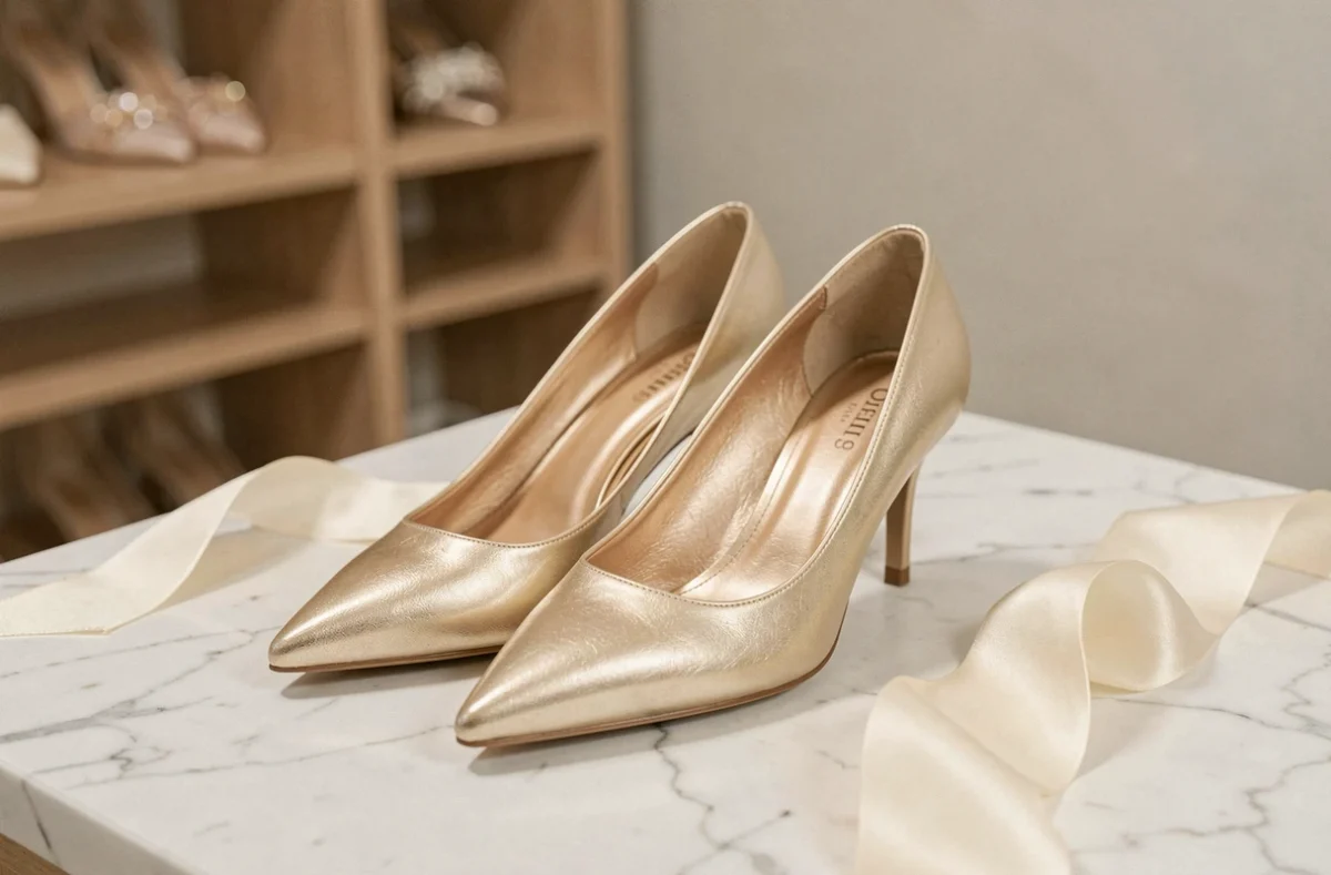 Chaussures de mariée dorées élégantes à talon aiguille posées sur un marbre blanc dans une boutique de mariage minimaliste
