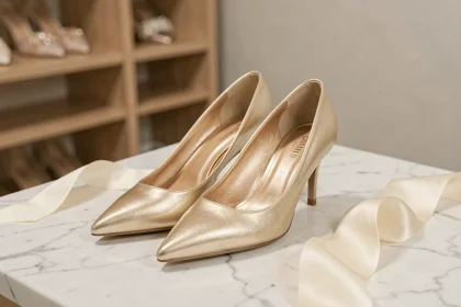 Chaussures de mariée dorées élégantes à talon aiguille posées sur un marbre blanc dans une boutique de mariage minimaliste