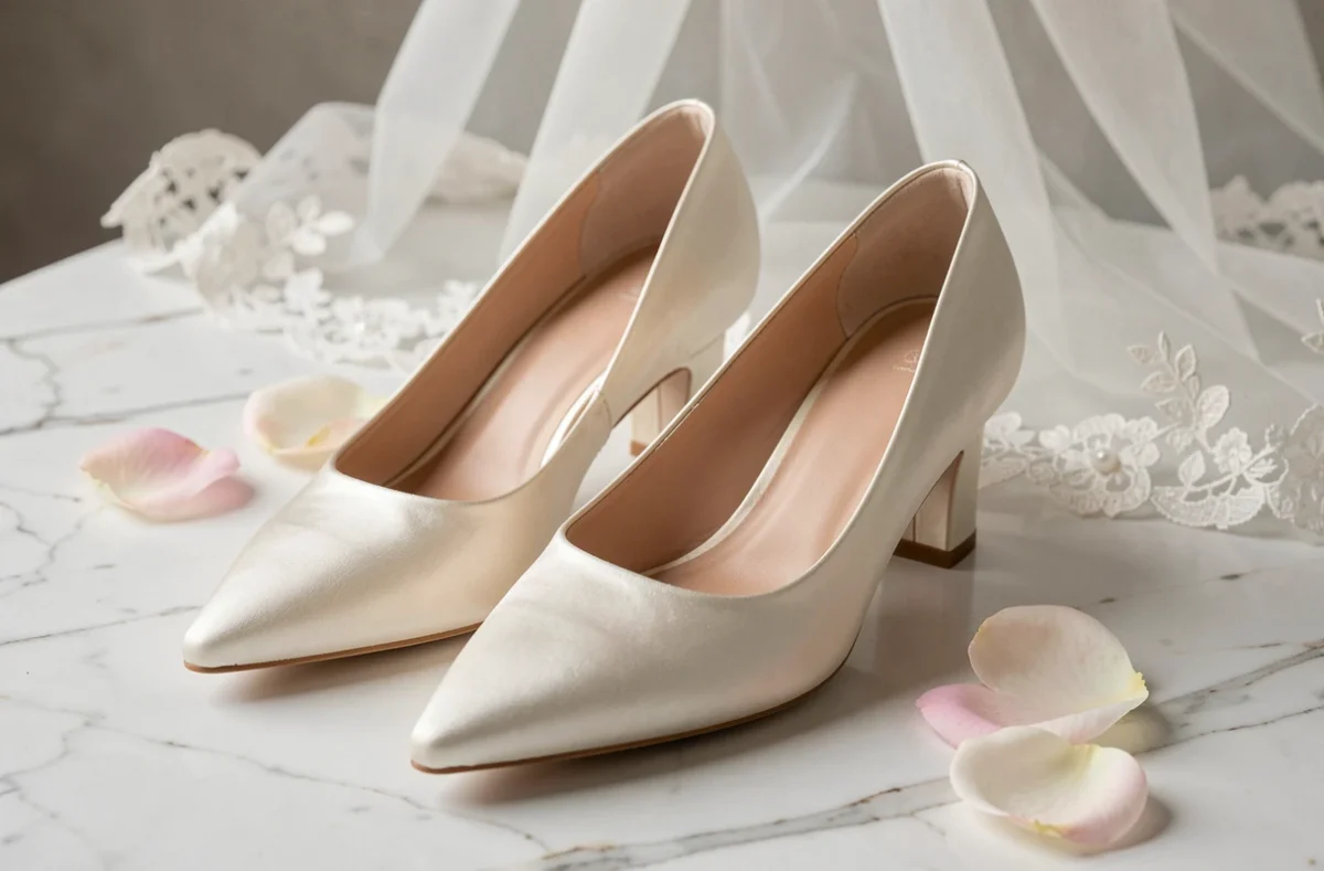 Chaussures de mariage à petit talon en satin ivoire posées sur du marbre blanc avec pétales de rose pour cérémonie civile