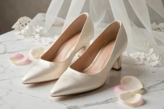 Chaussures de mariage à petit talon en satin ivoire posées sur du marbre blanc avec pétales de rose pour cérémonie civile