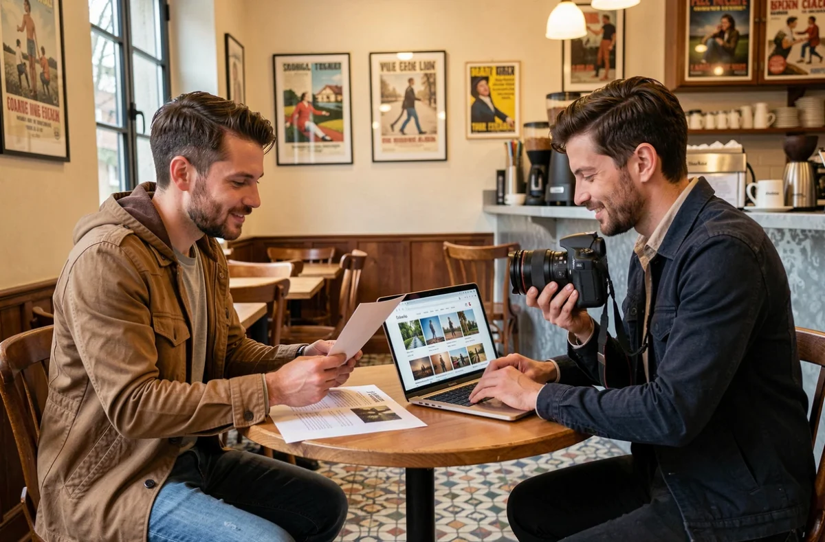 Deux professionnels discutant du choix d'un photographe autour d'un portfolio imprimé dans un café de Goussainville