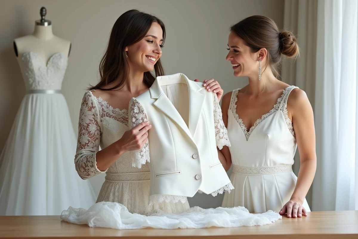 Deux femmes comparant un boléro en dentelle et un gilet blanc de mariée dans un salon de préparation de mariage