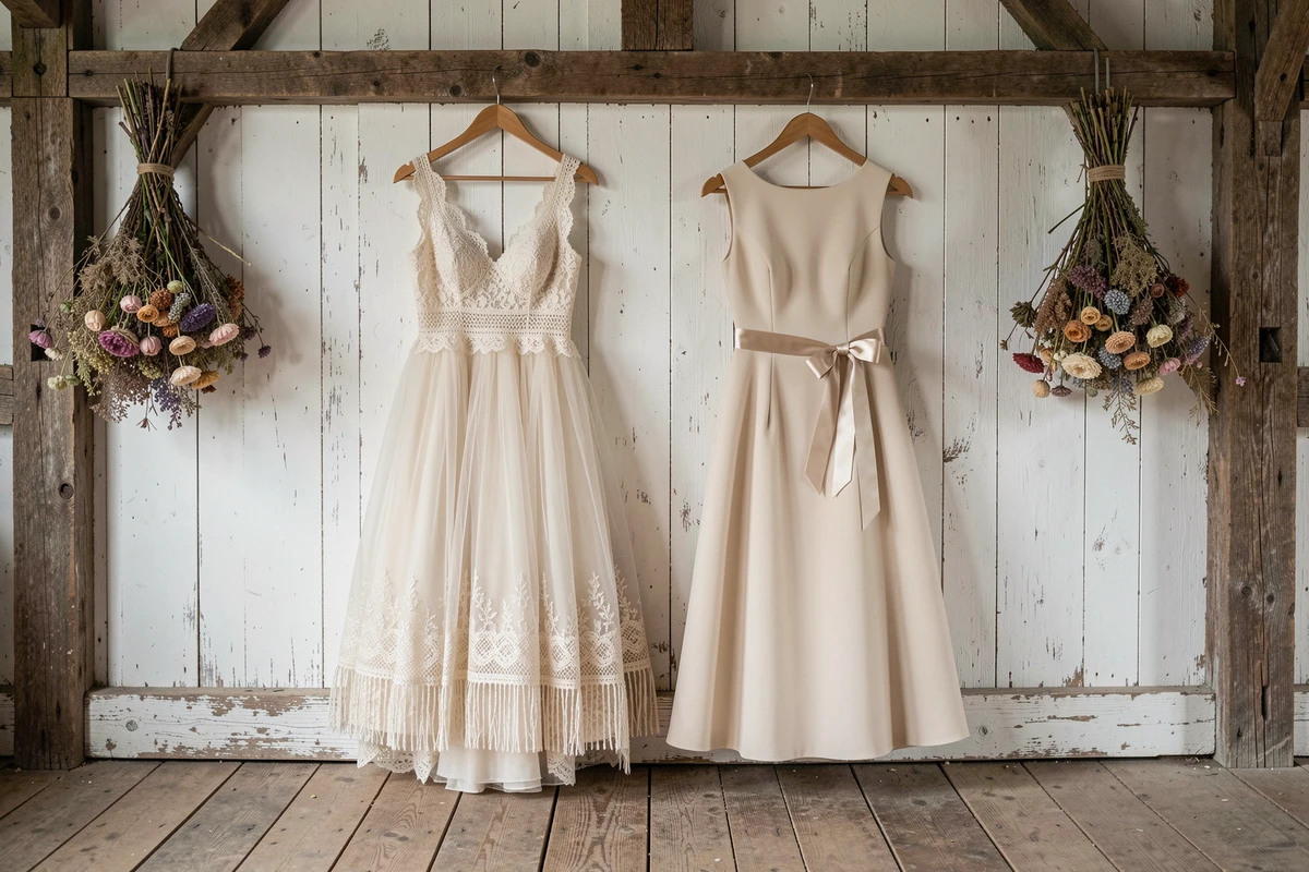 Comparaison côte à côte d'une robe de mariée bohème et d'une robe champêtre chic dans une grange rustique