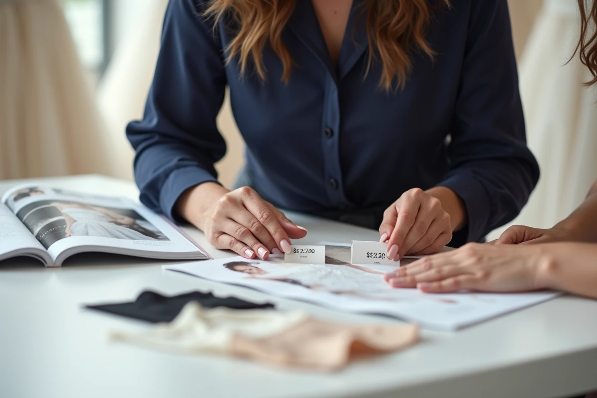 Consultante en mariage et cliente comparant des styles de robes et des tarifs dans un atelier de mariée moderne