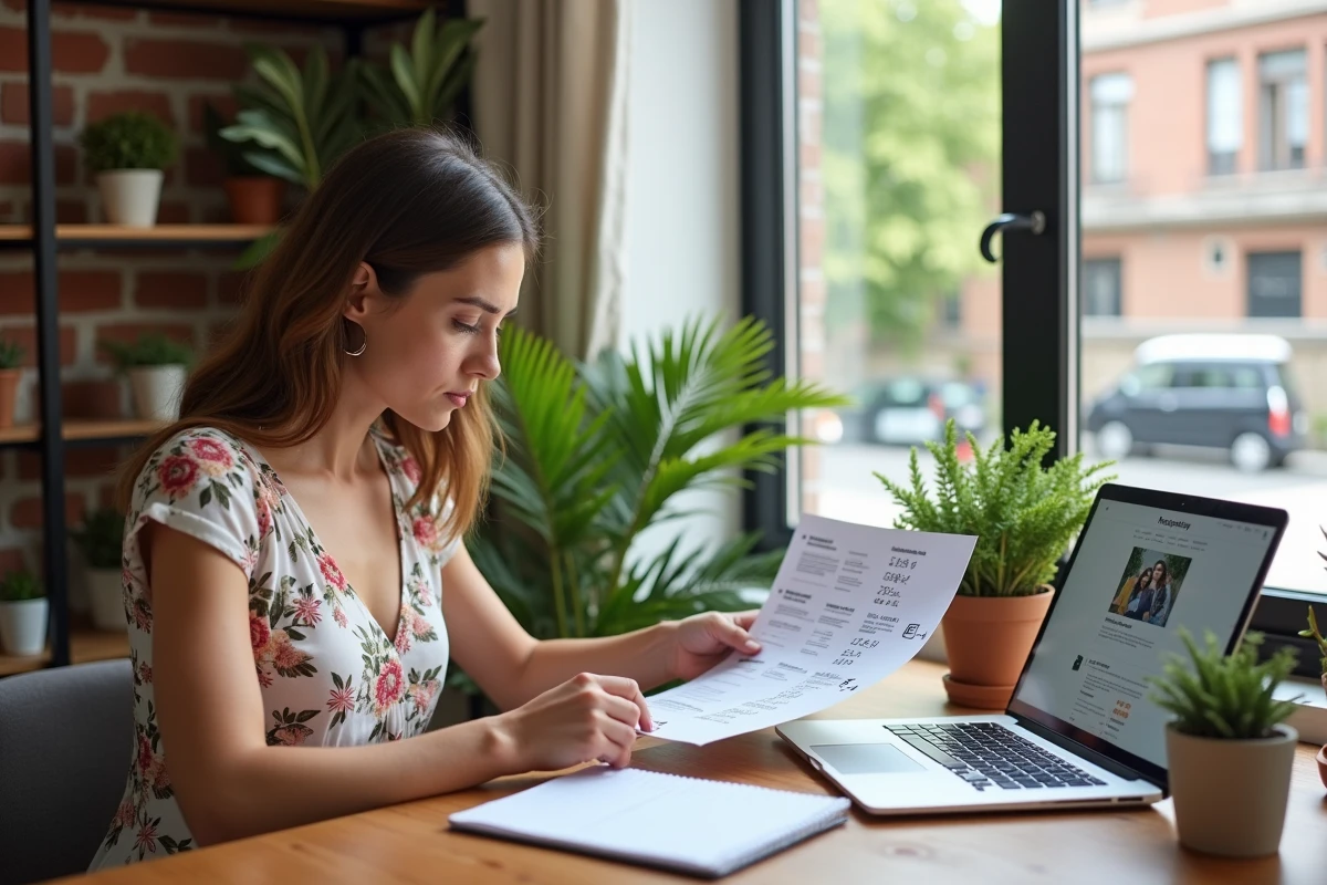 Femme qui compare des offres et tarifs de location de photobooth sur une brochure et un ordinateur portable