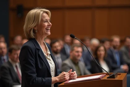 Femme conférencière souriante lors d'un discours en salle moderne