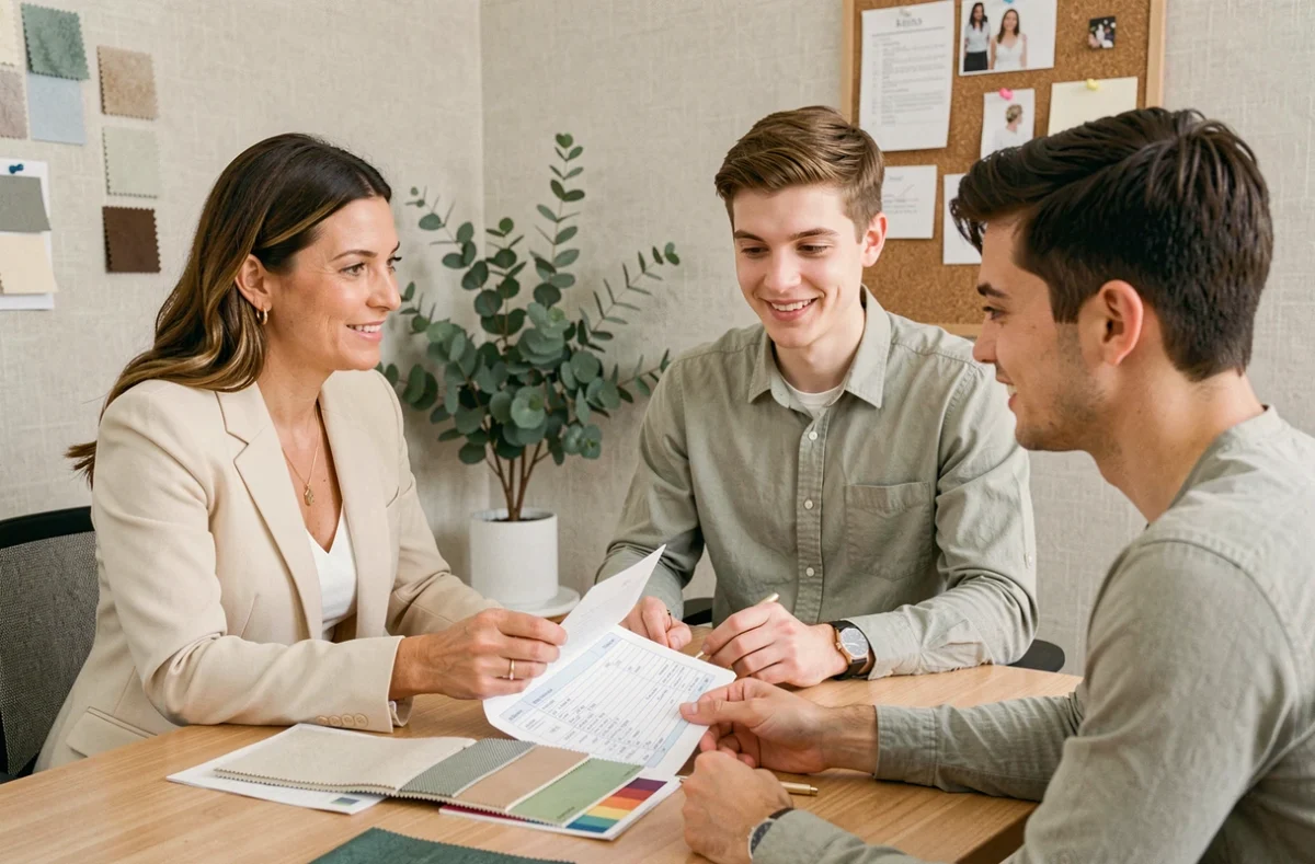 Wedding planner présentant un budget détaillé à un couple lors d'une consultation en studio moderne