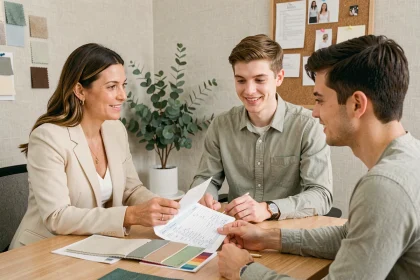 Wedding planner présentant un budget détaillé à un couple lors d'une consultation en studio moderne
